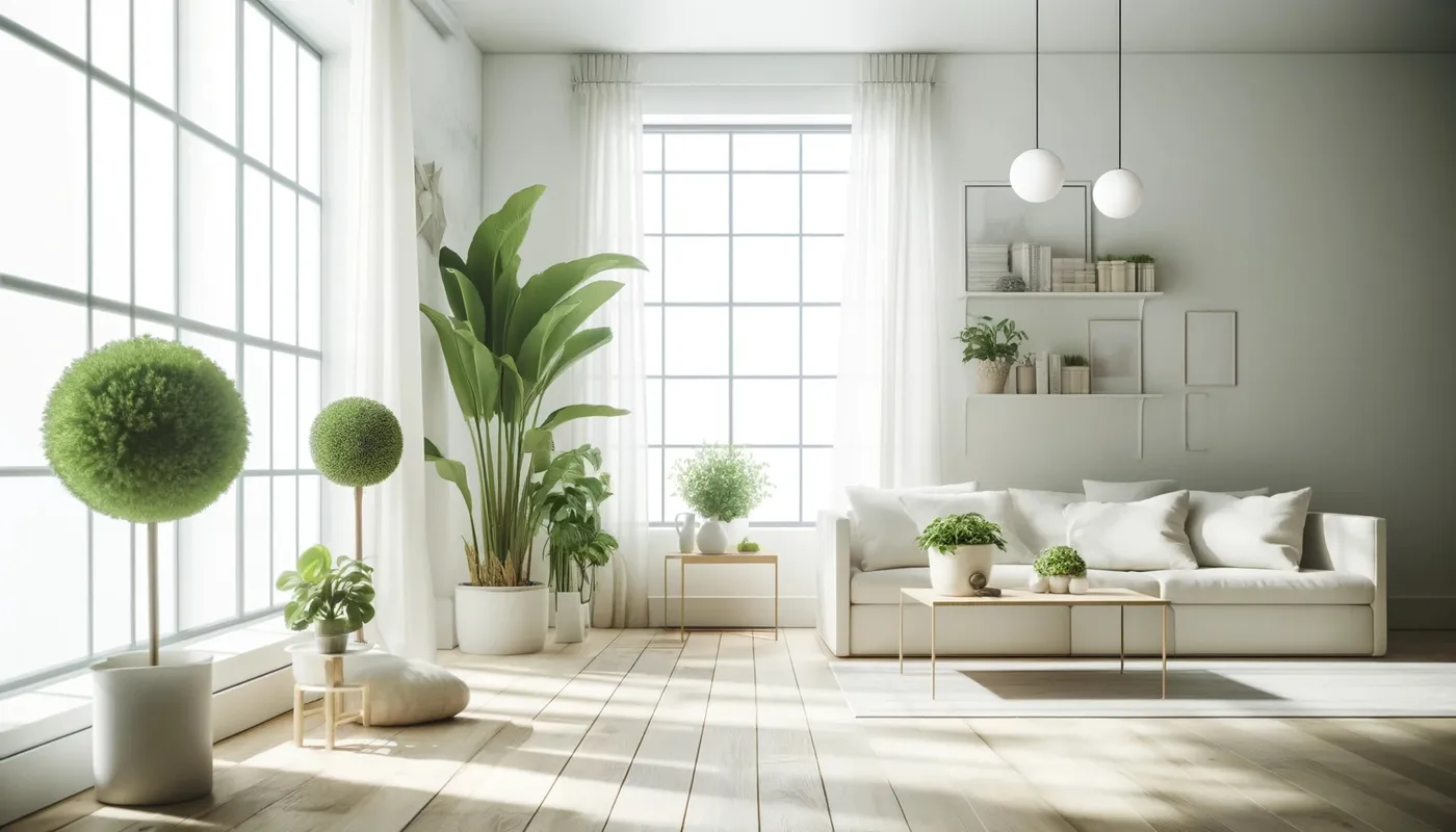 Heller Wohnraum mit Pflanzen und Sofa