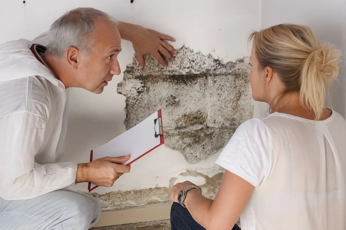 Ein Mann und eine Frau begutachten eine Wand mit abgeblättertem Putz